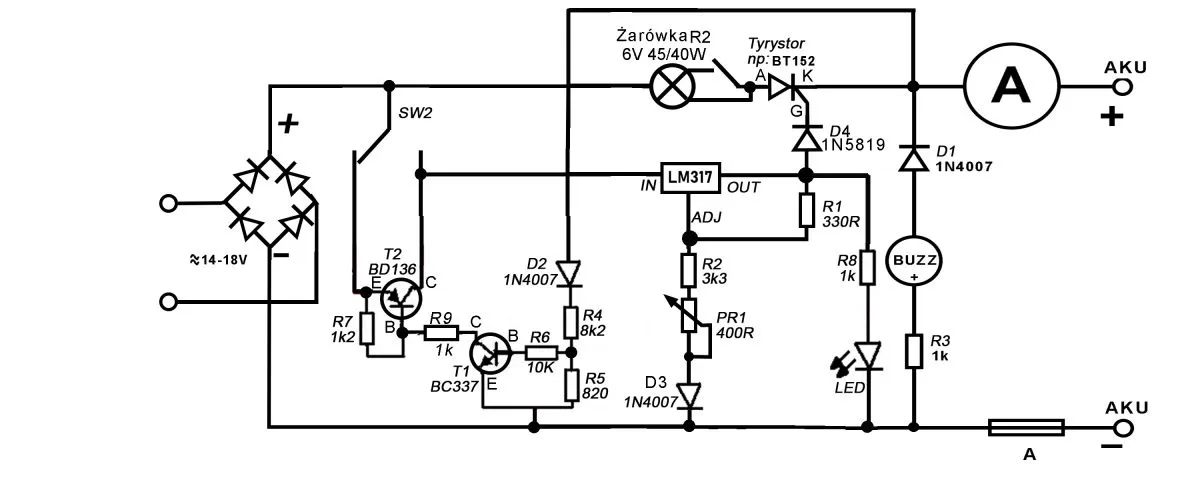 schemat prostownika tyrystorowego do akumulatora 12V
