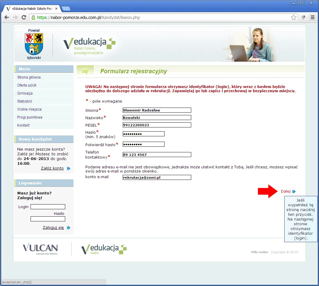 Ekran logowania do systemu rekrutacyjnego VULCAN lub Nabór