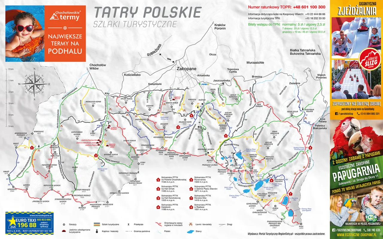Mapa szlaków na Giewont z zaznaczonymi trasami