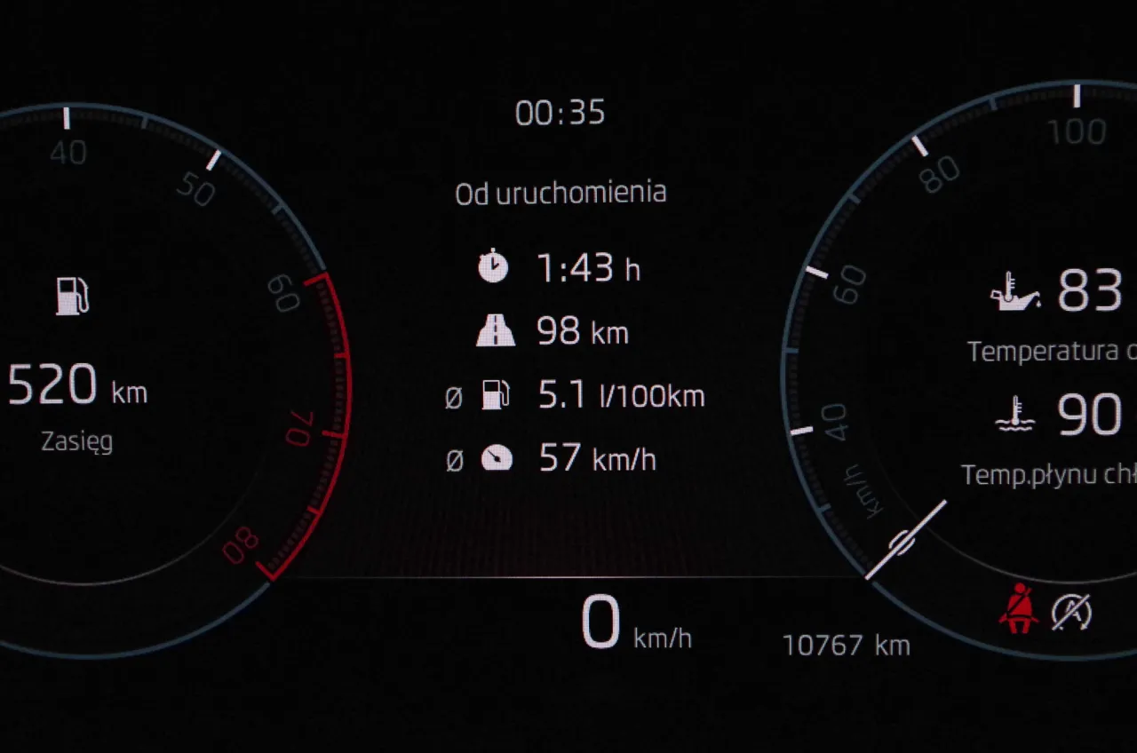 Na desce rozdzielczej Octavii widać zasięg 520 km, co sugeruje dużą pojemność baku.