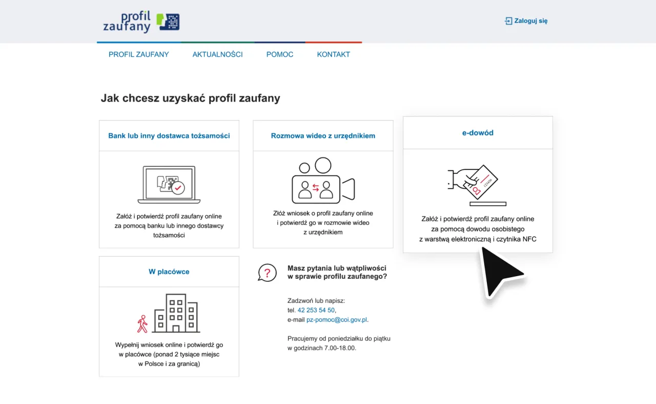 Jak założyć mBank profil zaufany? Strona pokazuje opcje: bank, wideorozmowa, e-dowód, placówka.