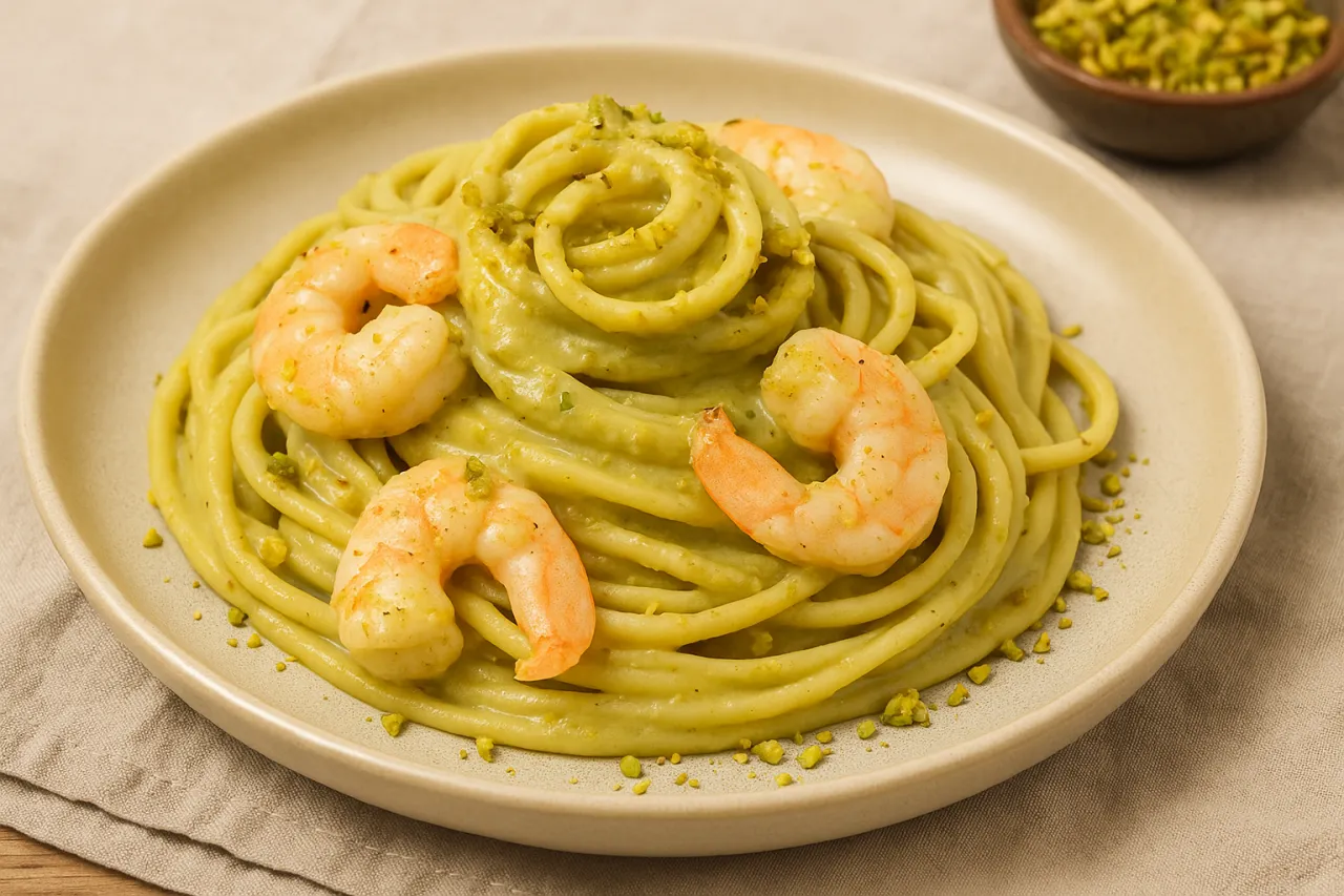 Makaron z krewetkami w kremowym sosie pistacjowym, posypany posiekanymi pistacjami. Idealny przepis na szybki obiad.