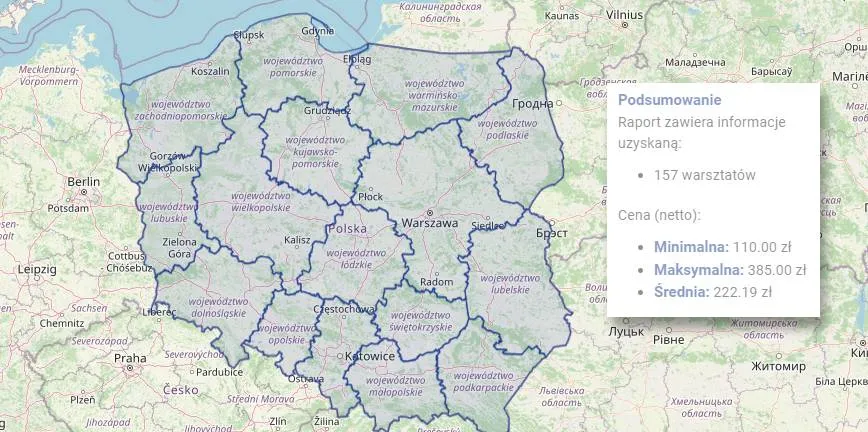 Mapa Polski lokalizacje warsztatów samochodowych rentowność