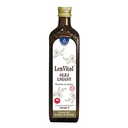 Olej lniany w ciemnej butelce w lod&oacute;wce