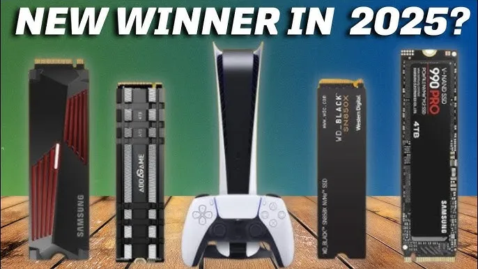 Kolaż polecanych dysk&oacute;w SSD do PS5 (WD Black SN850X, Samsung 990 Pro, Kingston Fury Renegade, Adata Legend 960 Max, Corsair MP600 Pro LPX, Crucial T500)