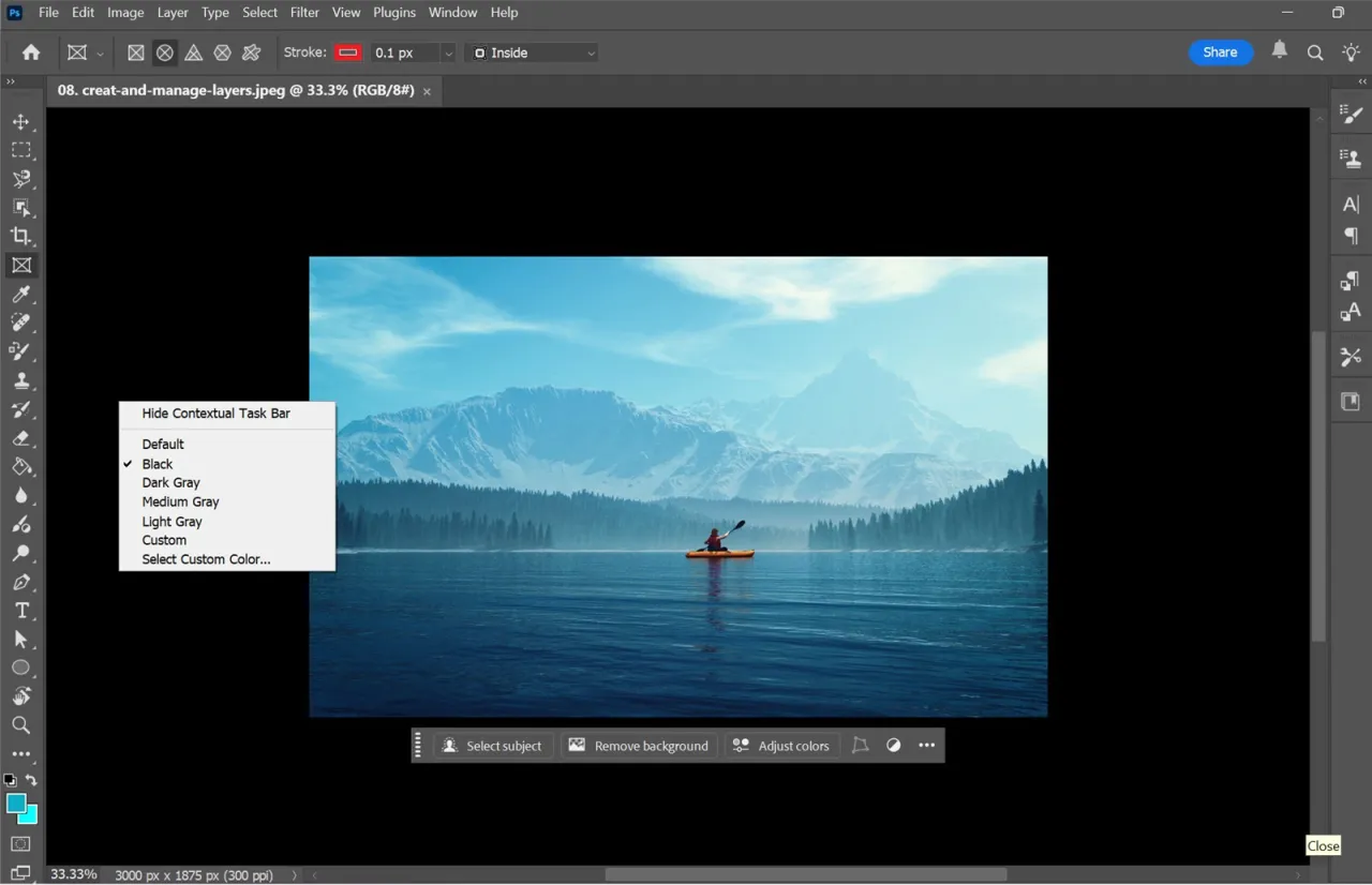 Zrzut ekranu Photoshop powiększanie obszaru roboczego