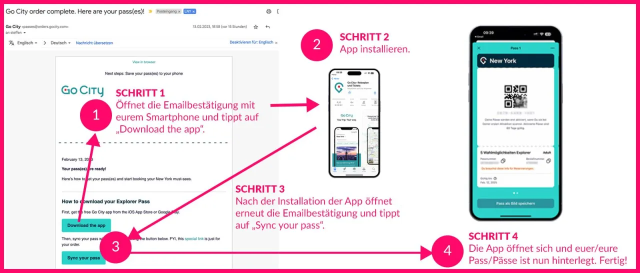 Screenshot der New York Pass App, der eine Reservierungsbest&auml;tigung zeigt