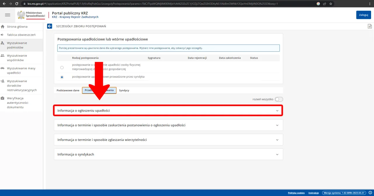Jak sprawdzić upadłość osoby fizycznej? Na portalu KRZ, w szczeg&oacute;łach zbioru postępowań, kliknij 