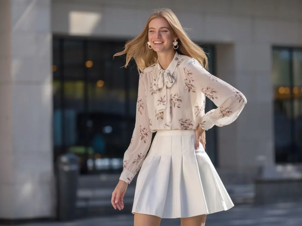 stylizacje biała sp&oacute;dnica r&oacute;żne kolory bluzek