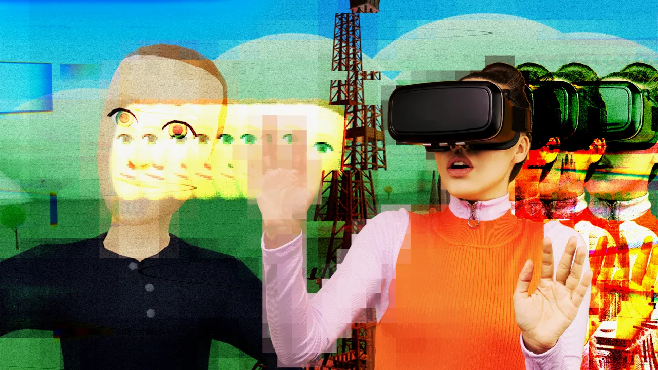 Kobieta w goglach VR wchodzi do metaświata. Obok niej cyfrowa postać, wieża i powielone awatary.