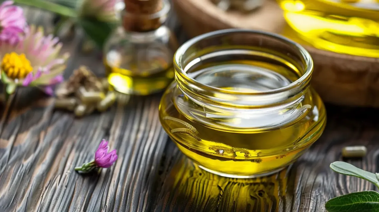 Złocisty olej z ostropestu plamistego w szklanym naczyniu, otoczony ziołami i kwiatami.
