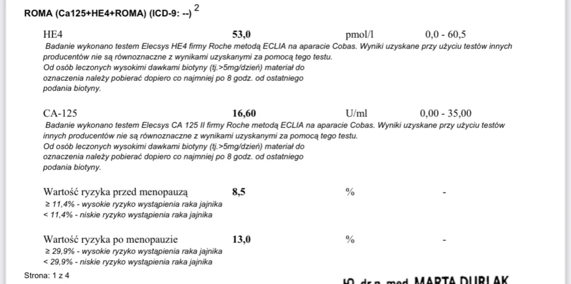 wynik testu ROMA interpretacja