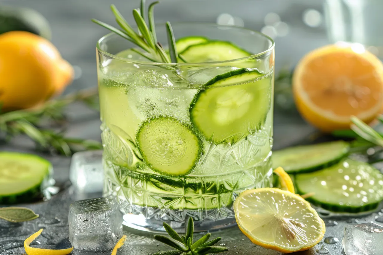 osoba przygotowująca Gin & Tonic z kostkami lodu i plasterkiem ogórka