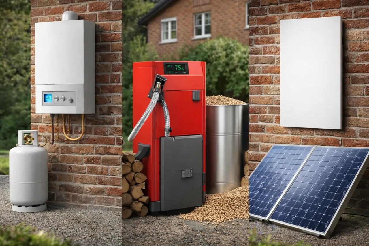 Co zamiast pompy ciepła do domu? Widok na gazowy bojler, piec na pellet, panele słoneczne i biały grzejnik.