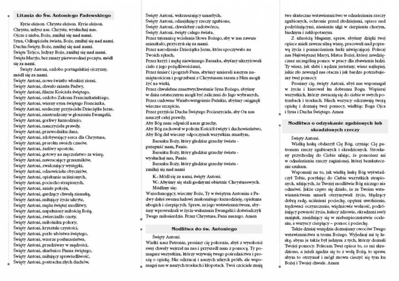 Litania do św. Antoniego Padewskiego. Modlitwa o odzyskanie zgubionych lub skradzionych rzeczy.