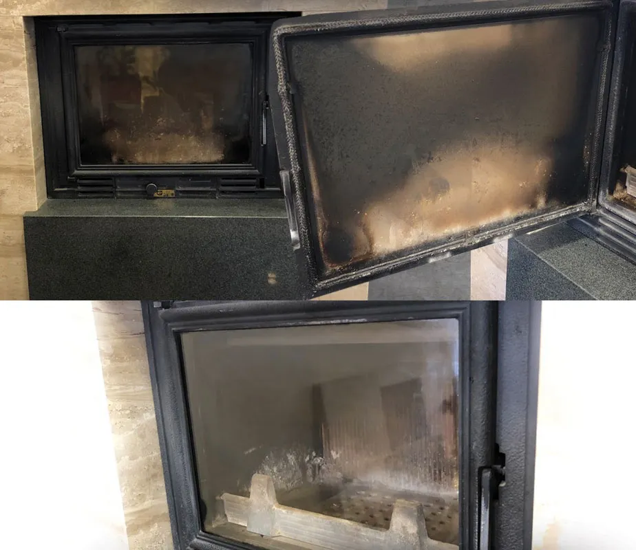 Zabrudzona szyba kominkowa a czysta szyba kominkowa