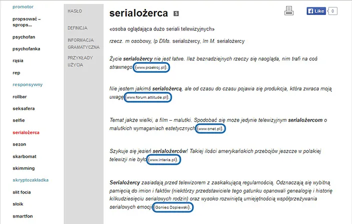 Słownik Korpantego strona wewnętrzna przykładowe hasło