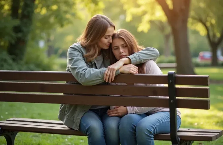 Dwie osoby rozmawiające, jedna pociesza drugą, symbolizujące wsparcie w trudnej sytuacji