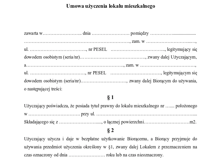 umowa użyczenia mieszkania wz&oacute;r