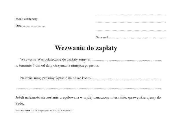 przykładowy list polecony wezwanie do zapłaty
