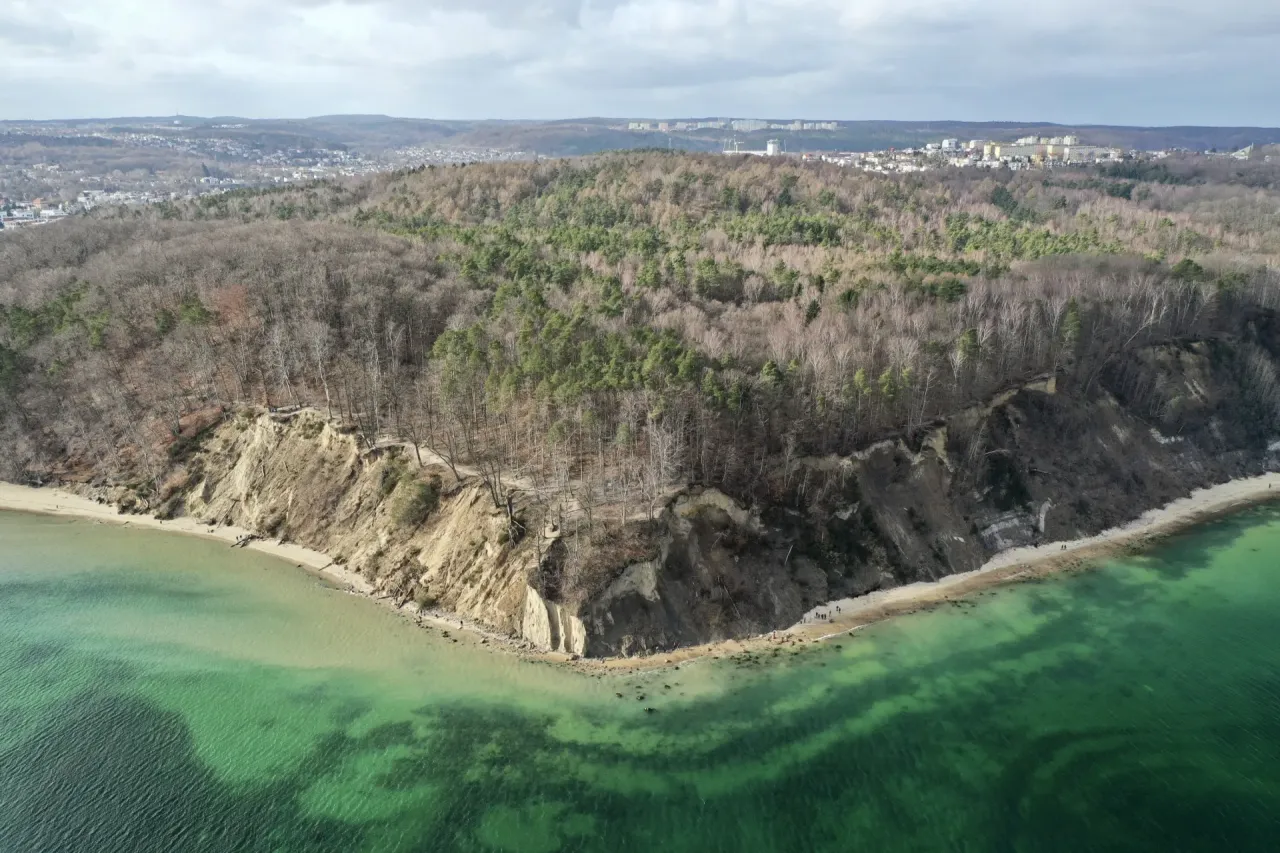 Klifowy brzeg rezerwatu przyrody Kępa Redłowska z lasem i turkusowym morzem.