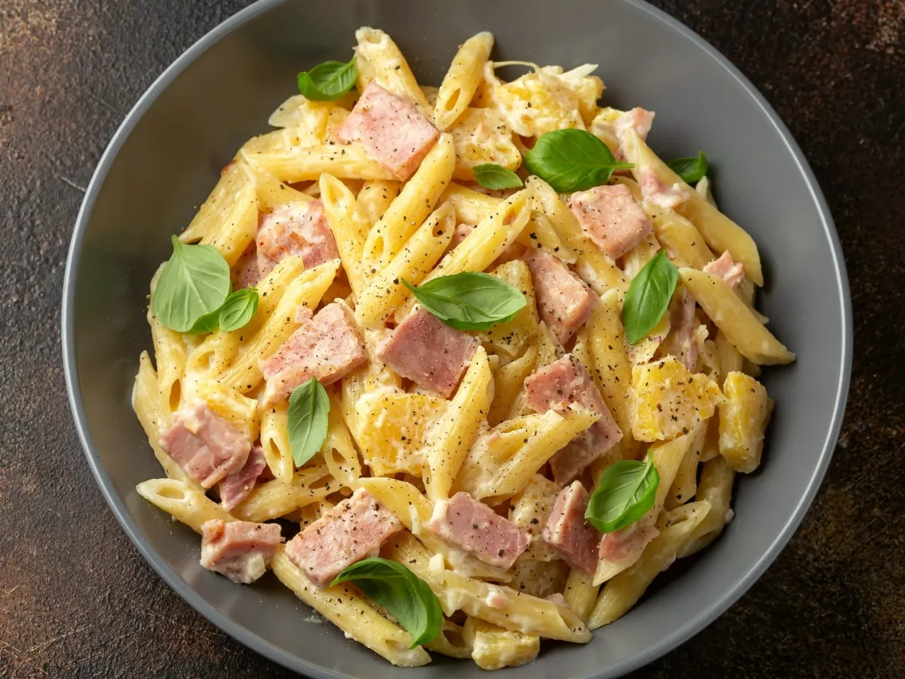 składniki na sałatkę z makaronem penne i szynką