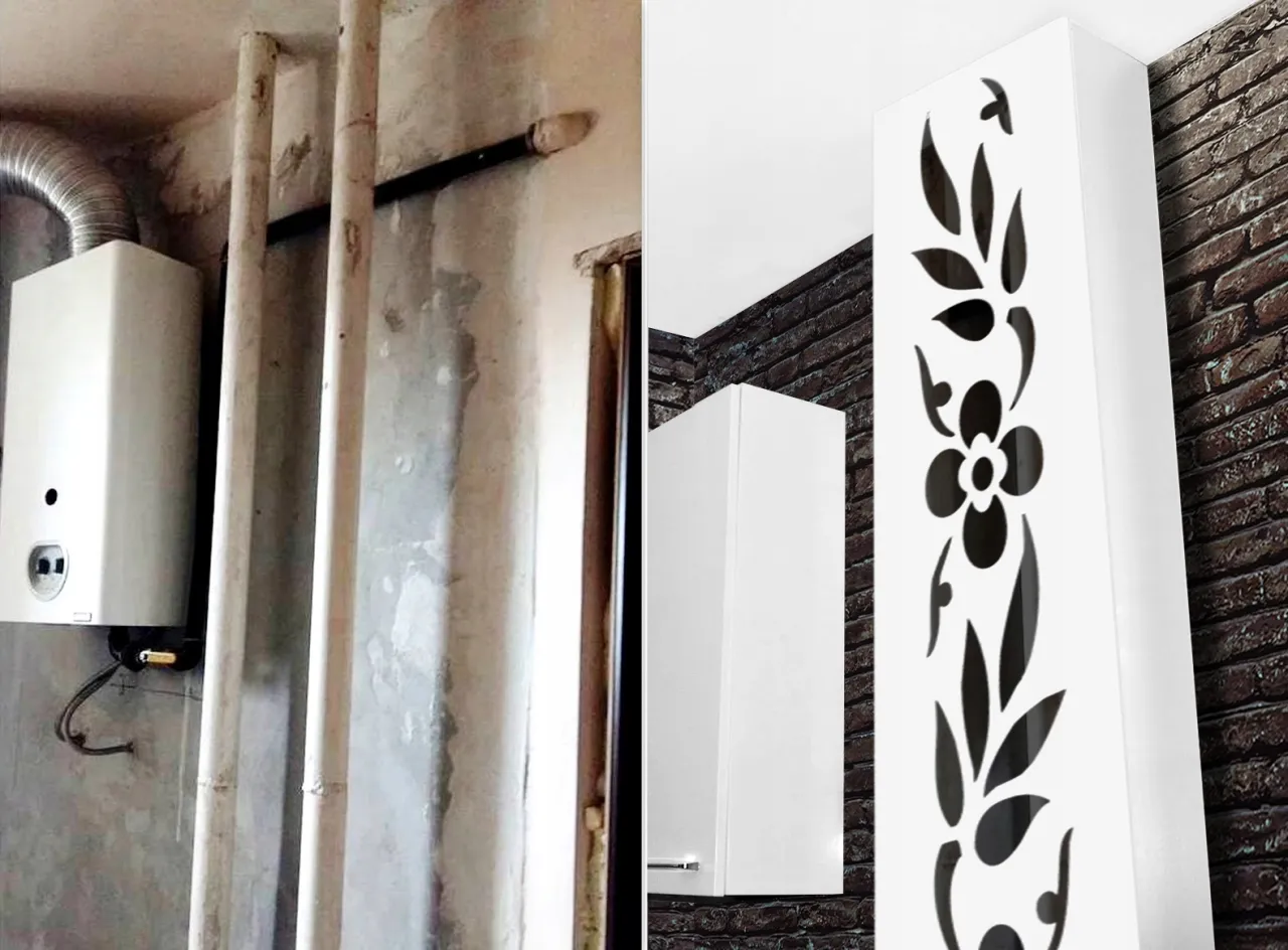 Przed i po: nieestetyczna zabudowa rur gazowych zamieniona w elegancką szafkę z ozdobnym frontem.