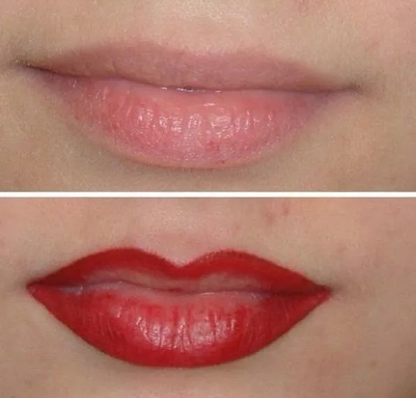 Kobieta dotykająca ust po zabiegu makijażu permanentnego z przekreśleniem