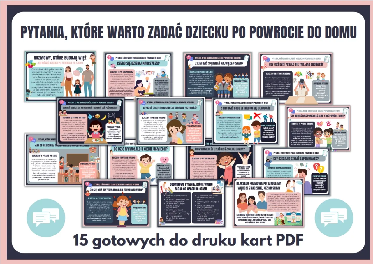 Zestaw kart do losowania tematu do rozmowy z dzieckiem po powrocie do domu.