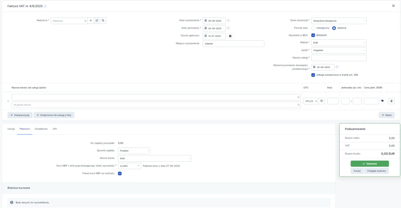 Formularz faktury VAT dla eksportu usług poza UE. Wpisano dane nabywcy, daty, walutę EUR i język angielski.