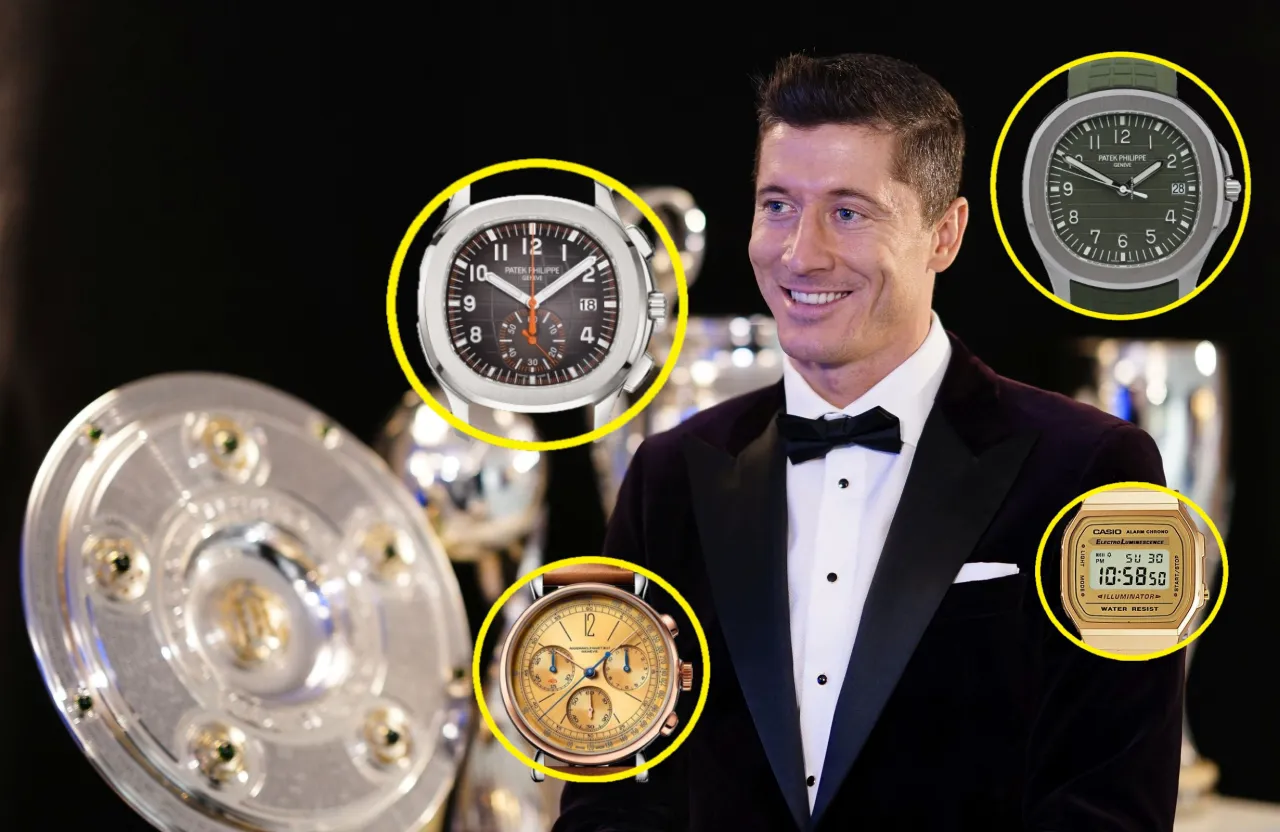 Zegar z symbolami pieniędzy lub Lewandowski patrzący na zegarek