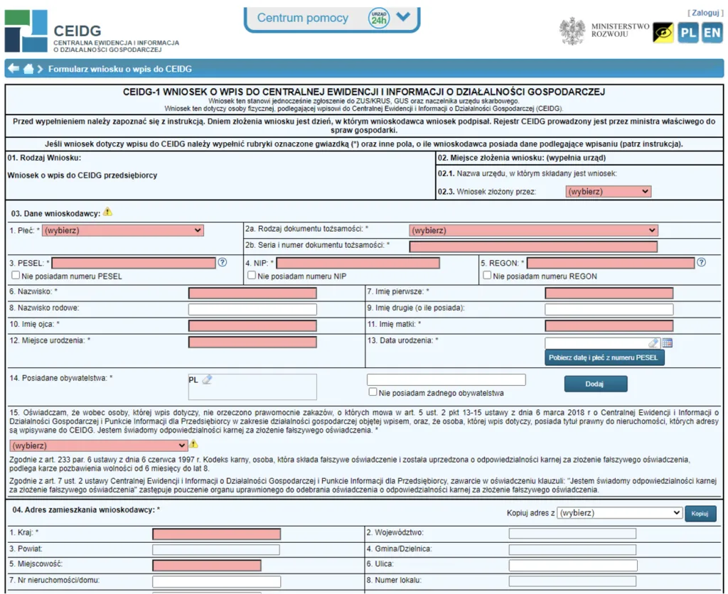 Wypełnianie wniosku CEIDG-1 online
