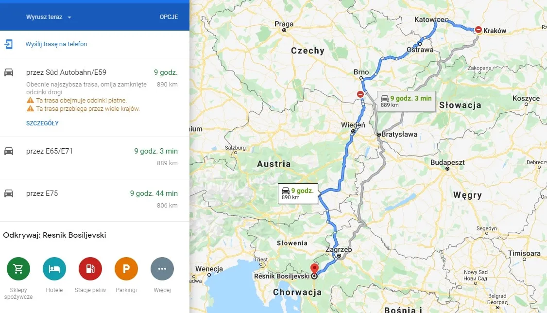 Mapa trasy Polska Wiedeń samochodem