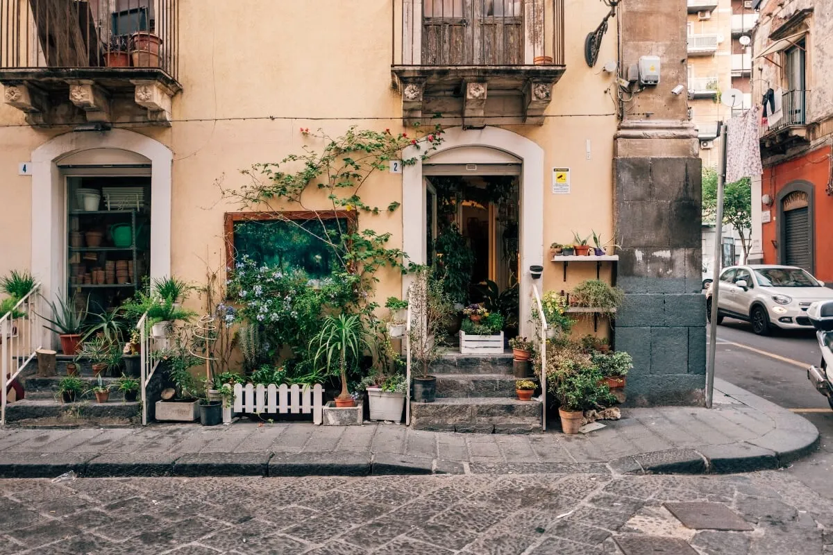 Kwiaty przed sklepem w Katanii. Czy w Katanii jest bezpiecznie? Urocza uliczka z roślinnością i samochodem w tle.