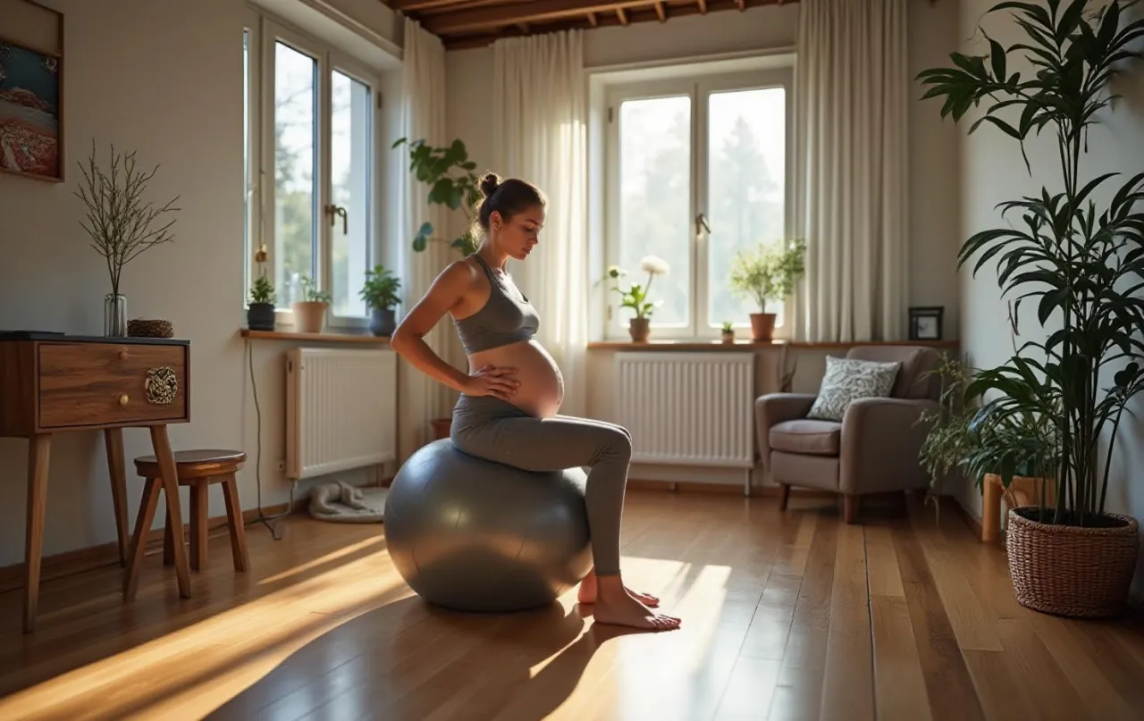 kobieta w ciąży ćwiczy na piłce gimnastycznej
