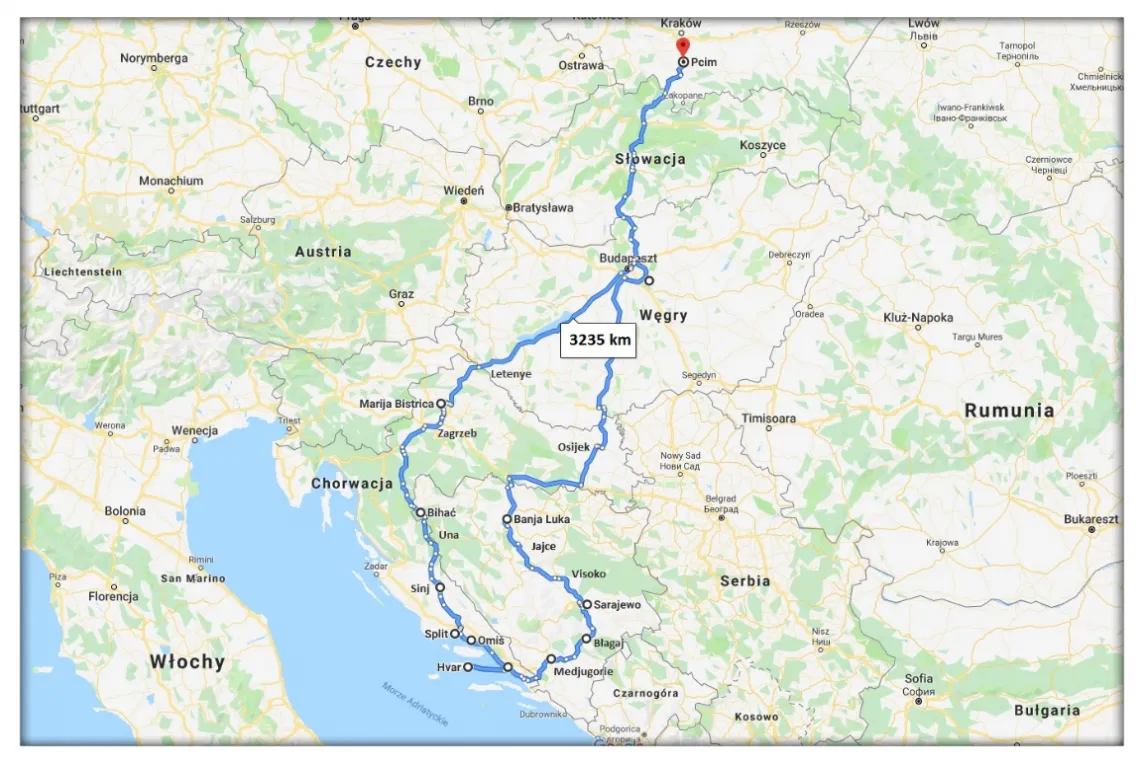 Mapa trasy Medjugorje przez Węgry