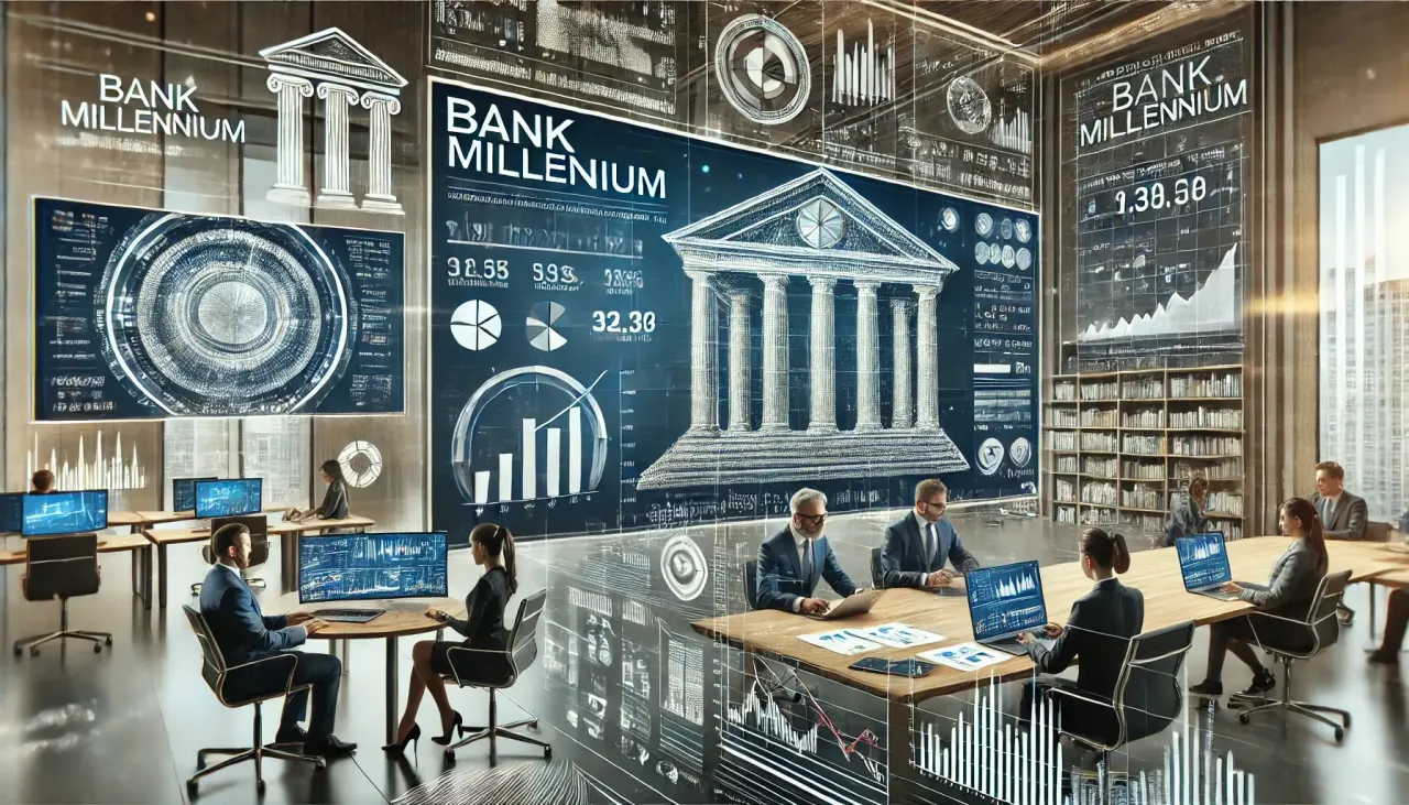 Nowoczesne biuro Banku Millennium, gdzie zespół analizuje dane finansowe. Właściciel banku dba o rozwój.