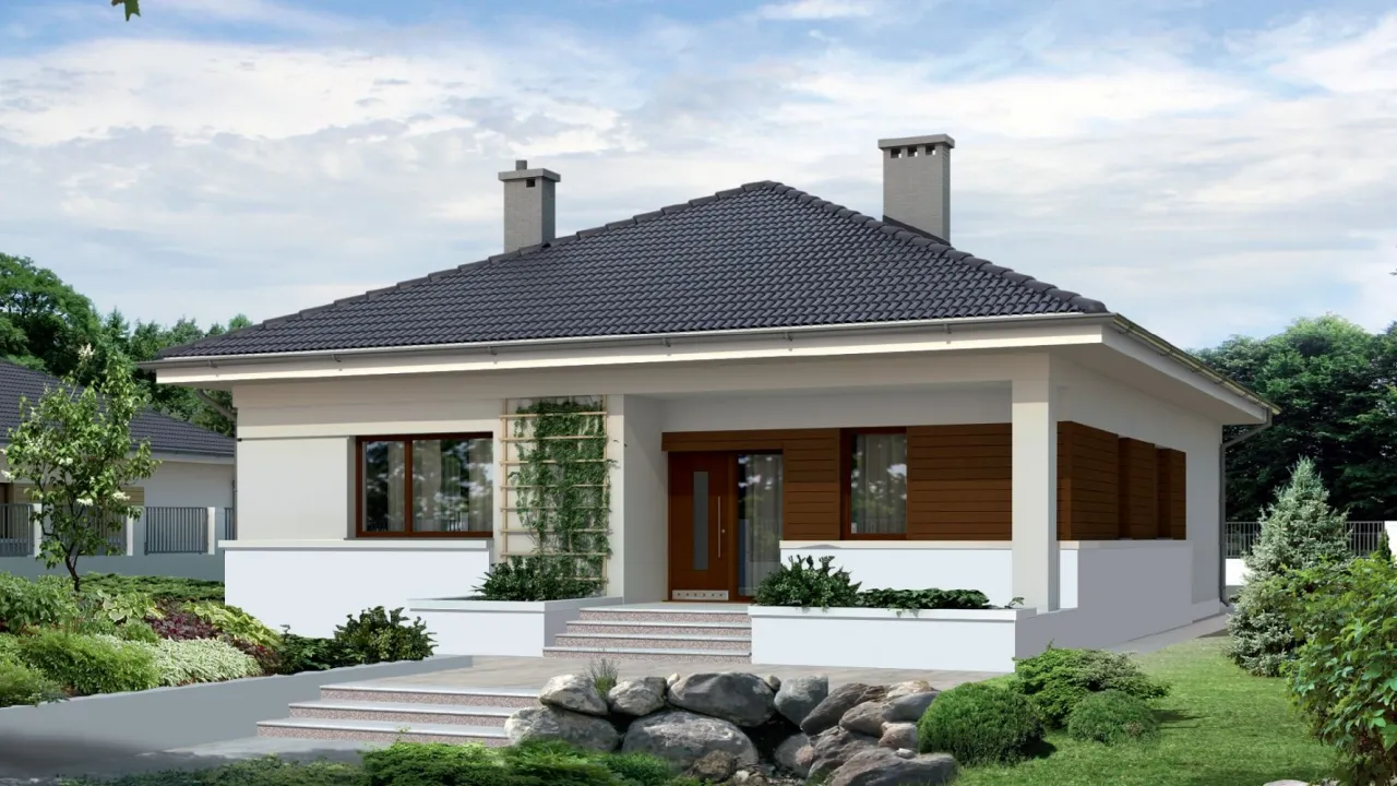 Elewacja domu z drewnianymi elementami i grafitowym dachem