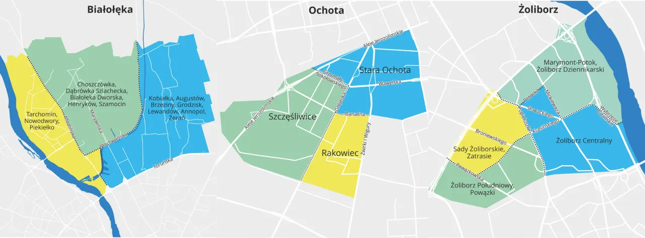 Mapa dzielnic Warszawy z wyróżnionymi Wilanowem, Mokotowem, Żoliborzem, Białołęką