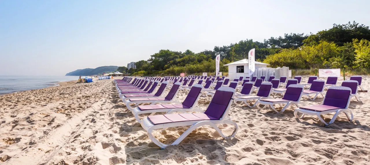 Rządki leżaków na piaszczystej plaży, idealne na tanie wczasy nad morzem dla 2 osób z wyżywieniem. W tle morze i las.