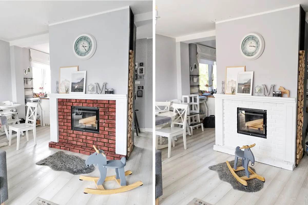 Przed i po metamorfozie: czerwoną cegłę obudowy kominka zastąpiono białą farbą, nadając wnętrzu lekkości.