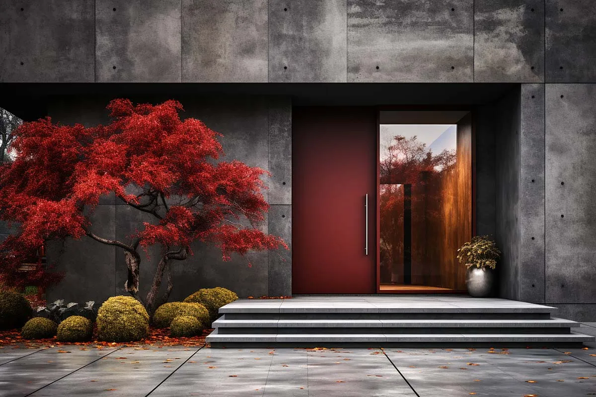 Nowoczesny dom z betonową elewacją i jaskrawymi, czerwonymi drzwiami wejściowymi. Obok rośnie drzewo o intensywnie czerwonych liściach.