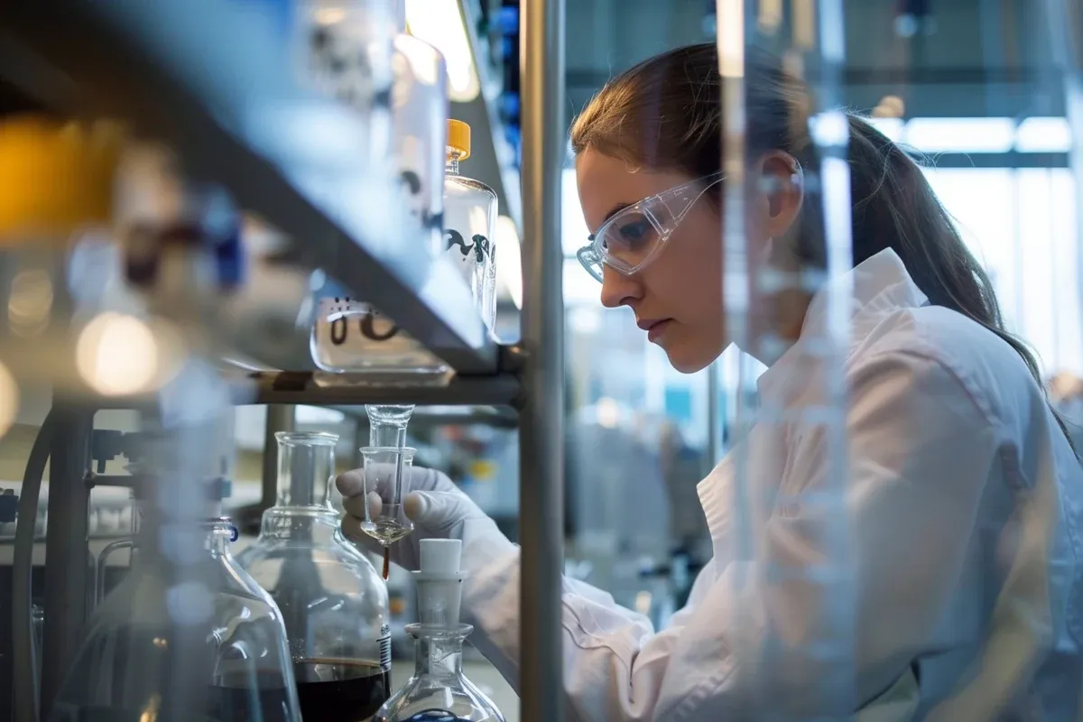 laboratorium farmaceutyczne, kontrola jakości lek&oacute;w, naukowiec w laboratorium badawczo-rozwojowym