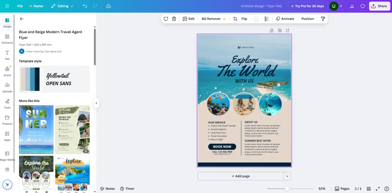 Interfejs Canva do projektowania ulotek