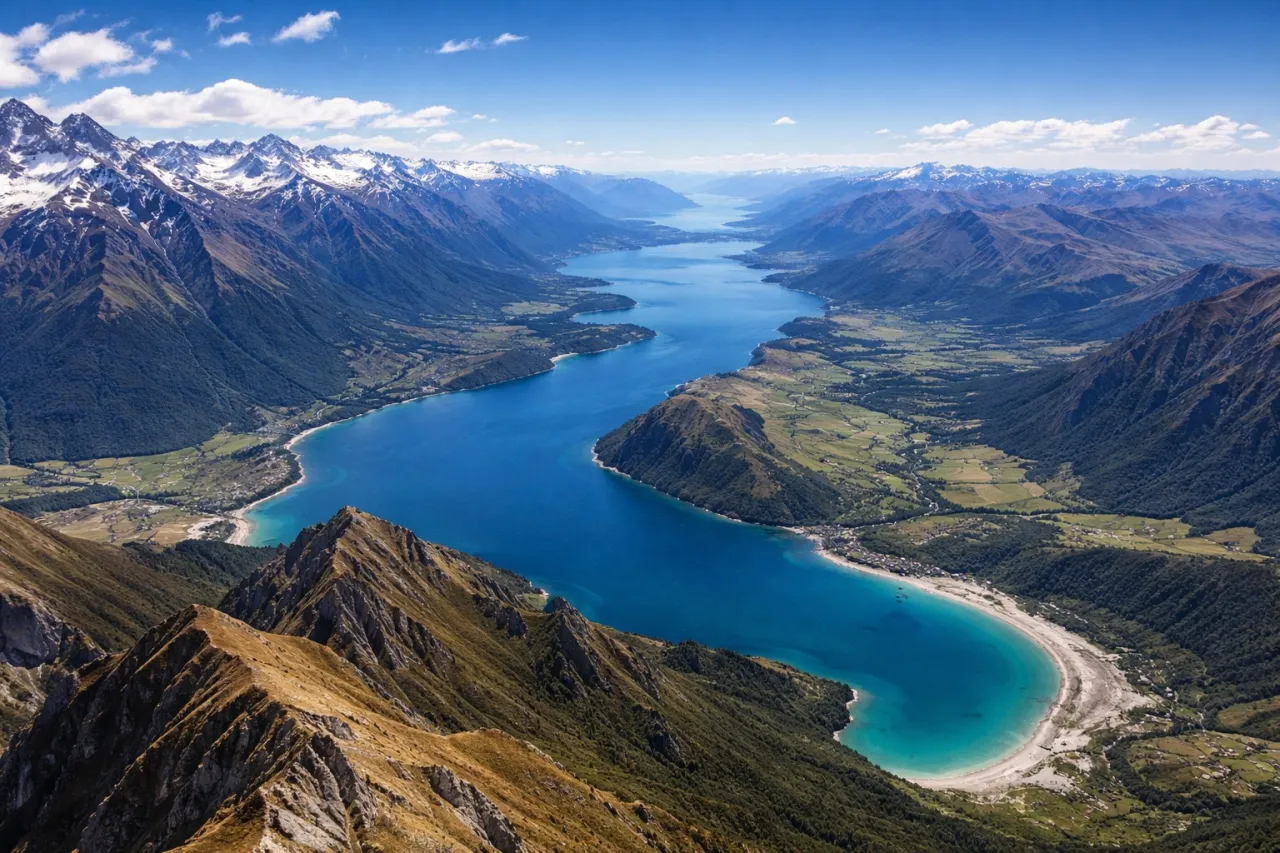 Widok na malownicze jezioro otoczone górami i zielonymi dolinami. Zastanawiasz się, ile kosztuje lot do Nowej Zelandii, by zobaczyć takie cuda?