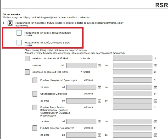 ZUS układ ratalny wniosek RSR