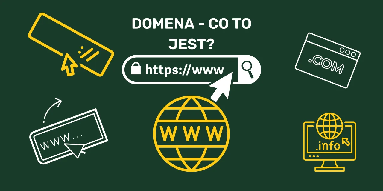 Grafika przedstawia różne ikony związane z internetem i domenami, pomagając zrozumieć, jaką domenę wybrać.