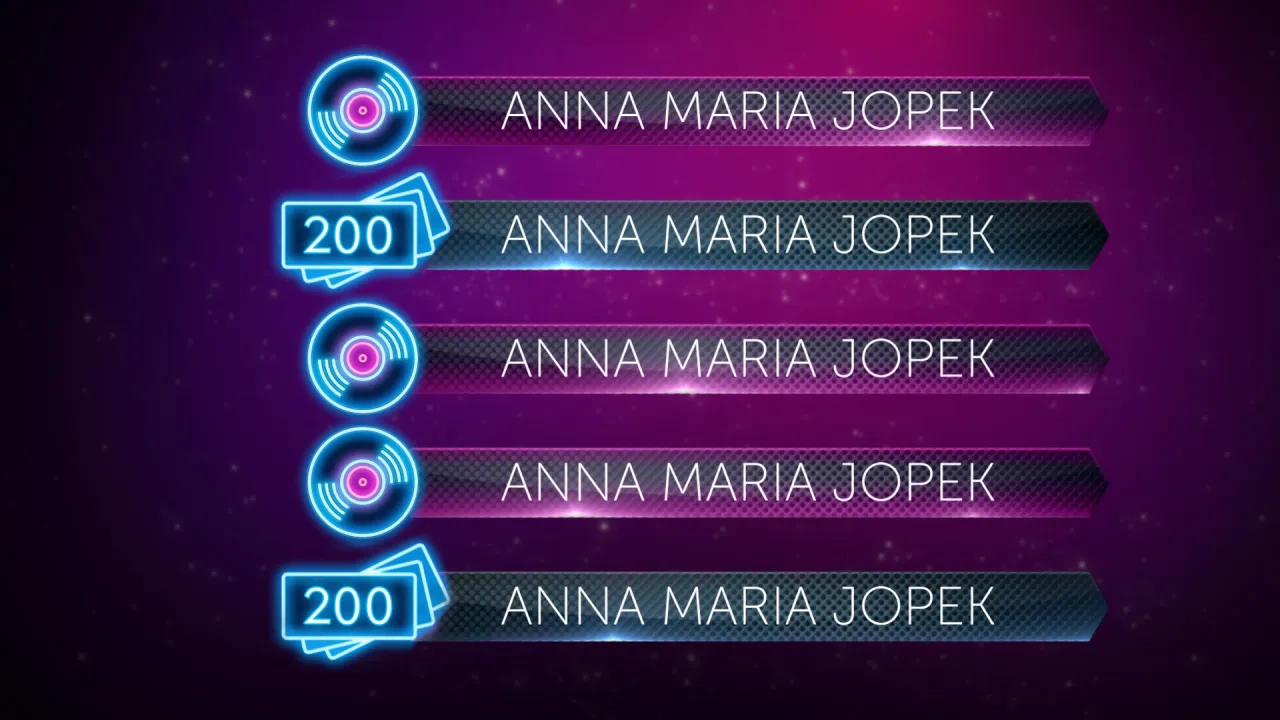 Jaka to melodia? Na ekranie neonowe płyty winylowe i liczby 200 obok nazwiska ANNA MARIA JOPEK.
