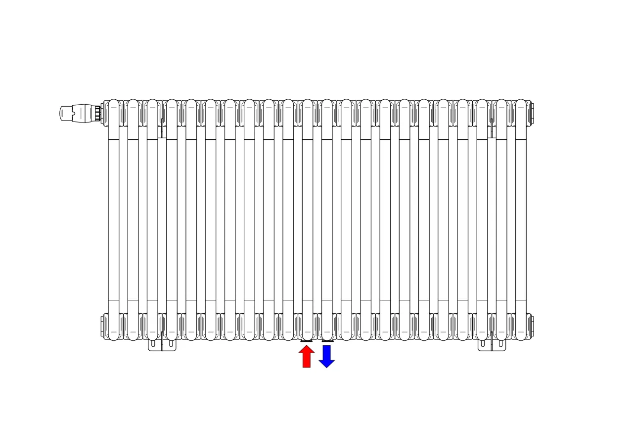 Schemat grzejnika z zaznaczonym zasilaniem grzejnika z kt&oacute;rej strony (strzałki czerwona i niebieska).