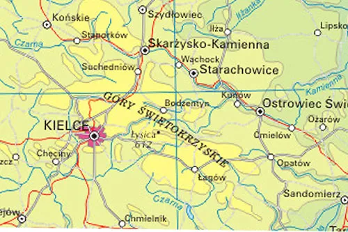 G&oacute;ry Świętokrzyskie mapa szczyt&oacute;w i szlak&oacute;w, Łysica Święty Krzyż